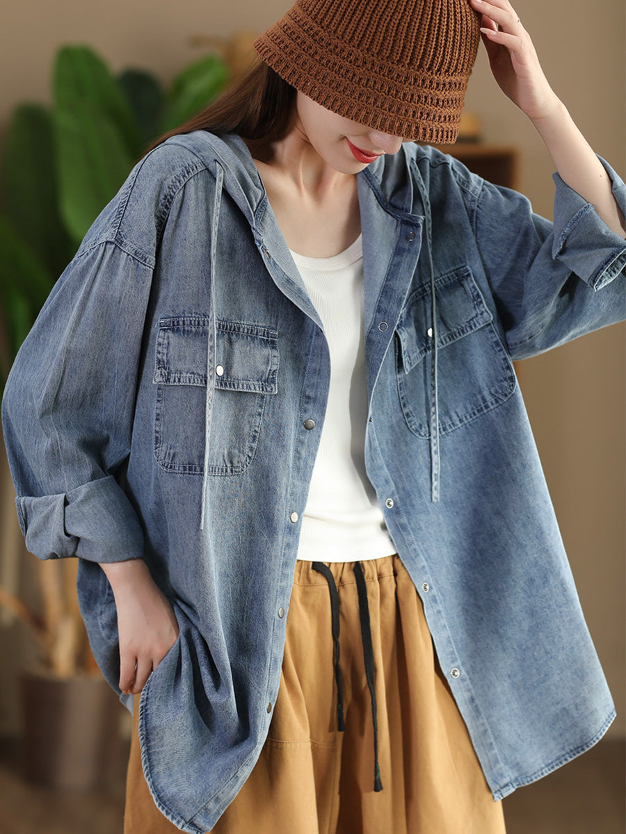 Women Casual Solid Autumn Pocket Denim Hooded Coat AT1026