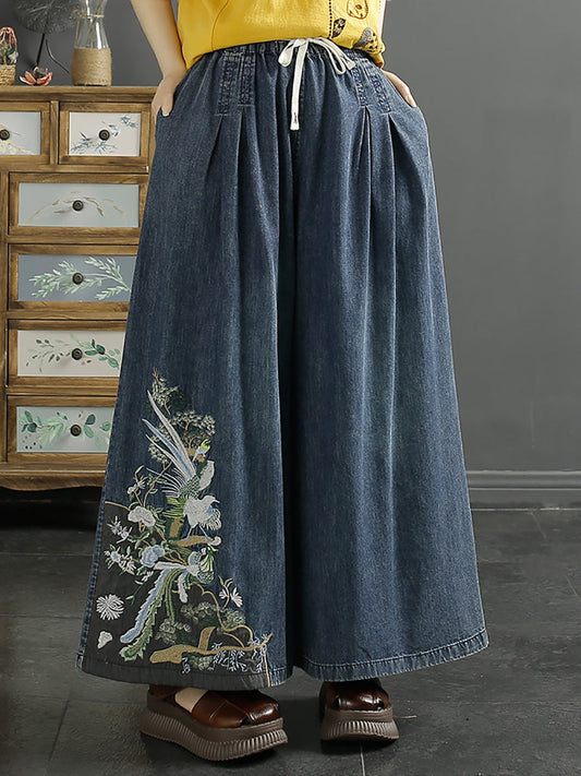 Women Vintage Ethnic Embroidery Wide-leg Denim Pants KL1008