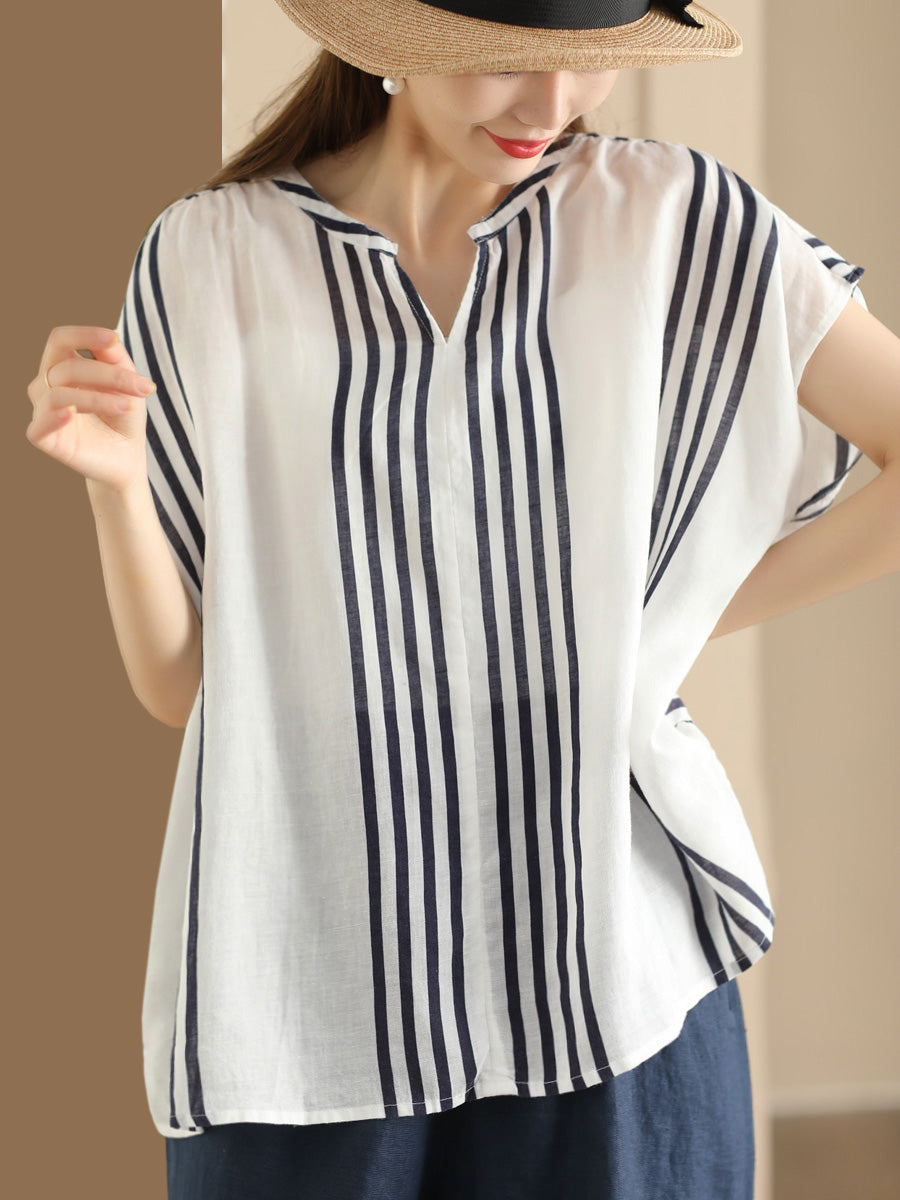 Women Summer Artsy Stripe V-Neck Thin Linen Shirt CV1053