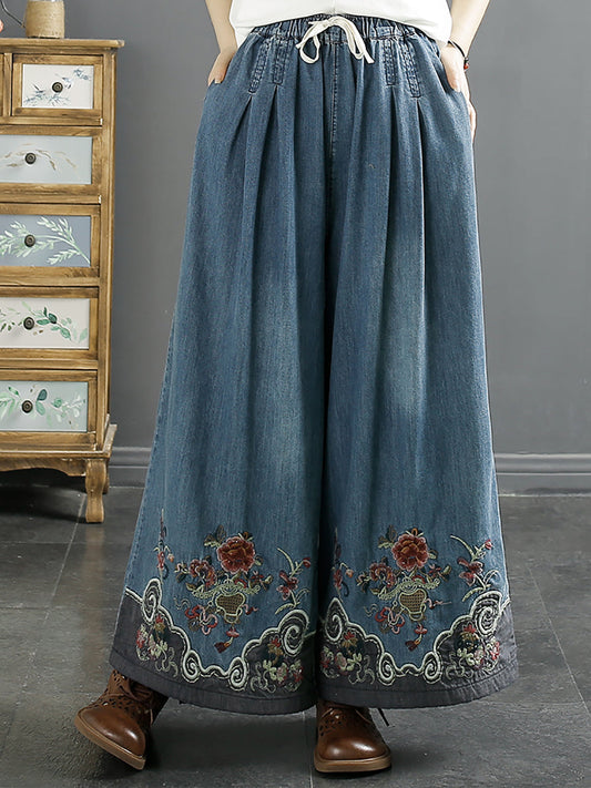 Women Summer Ethnic Embroidery Denim Wide-leg Pants SC1045