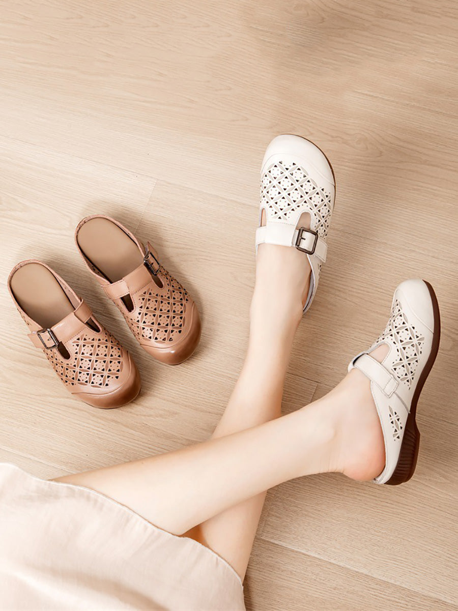 Heel Hollow Out Genuine Low Leather Women Shoes Vintage