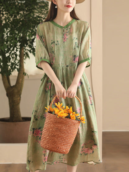 Robe d'été vintage à bretelles florales en ramie pour femmes CX008