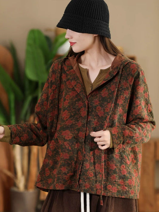 Women Vintage Autumn Flower Button Cotton Linen Hooded Coat AH1013