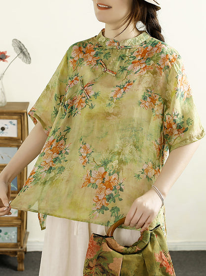 Chemise d'été vintage à imprimé floral en ramie pour femme OO1043