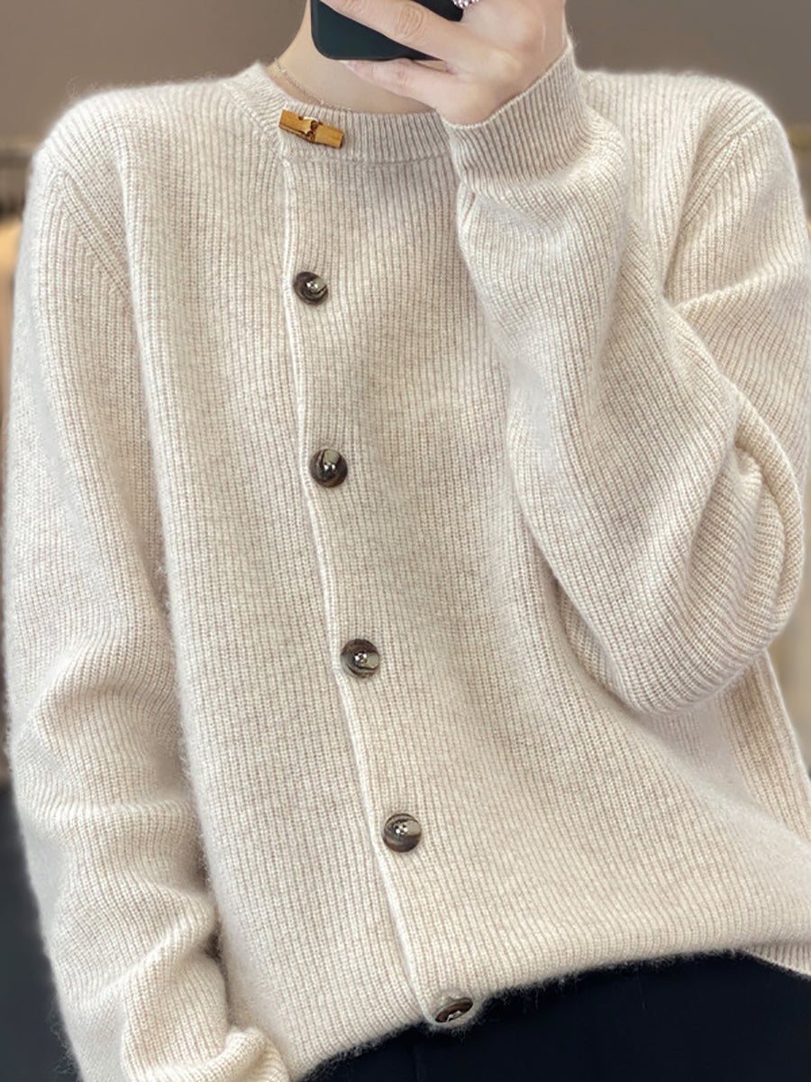 Women Autumn Solid Knit Wool Buttoned O-Neck Sweater WU024