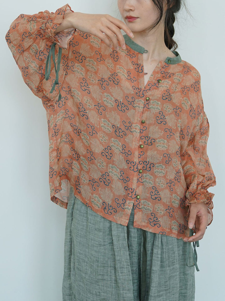 Women Summer Vintage Flower Embroidery Ramie Shirt TY1032