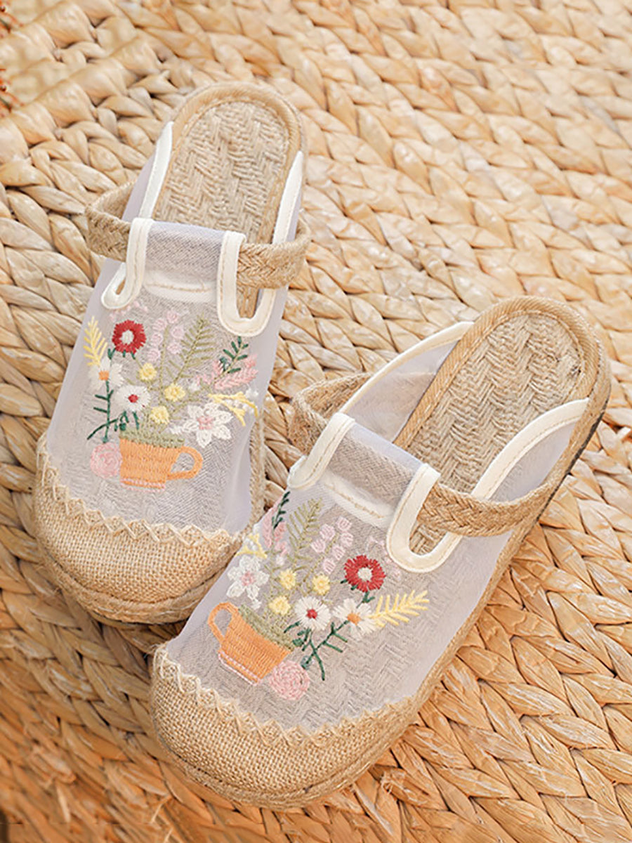 Women Summer Flower Embroidery Linen Spliced Shoes TY1030