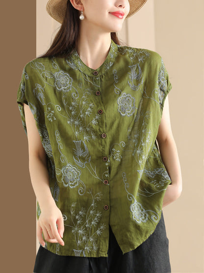 Chemise d'été en ramie à boutons et broderies de fleurs vintage pour femmes OO1048