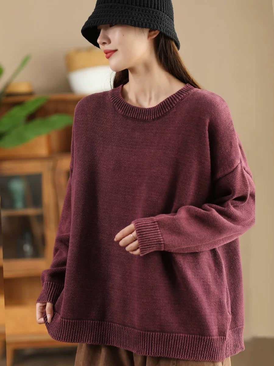 Pull en tricot à col rond décontracté pour femme, couleur unie, automne AK1028 