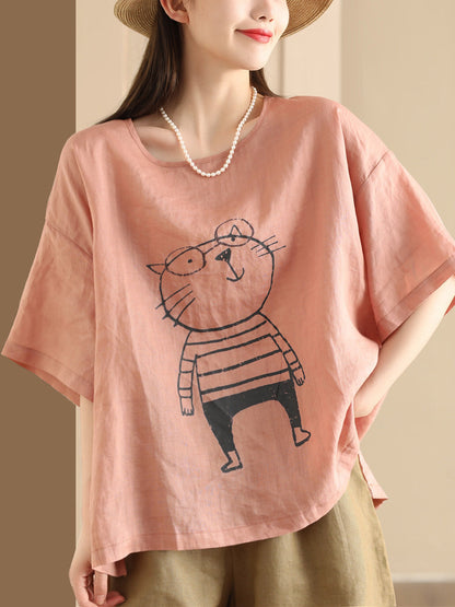 Pull-over d'été en ramie à imprimé chat de dessin animé pour femme OO1034