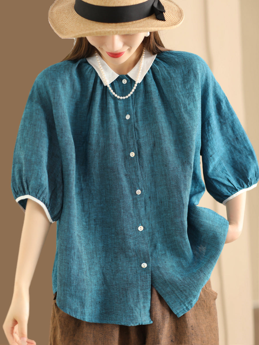 Women Summer Artsy Colorblock Button-up Linen Shirt XX1009