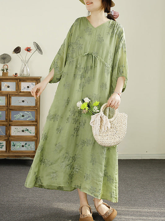 Women Summer Floral Embroidery Strap V-Neck Ramie Dress HH045