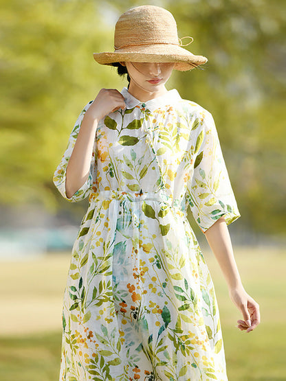 Robe d'été en ramie à bretelles et imprimé végétal artistique pour femmes CC032