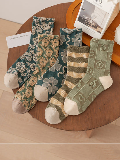 Lot de 5 paires de chaussettes en coton jacquard à fleurs artistiques pour femmes AT1035