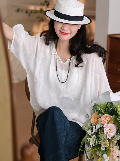 Plus Size Women Summer Embroidery Thin Ramie Shirt XX1030