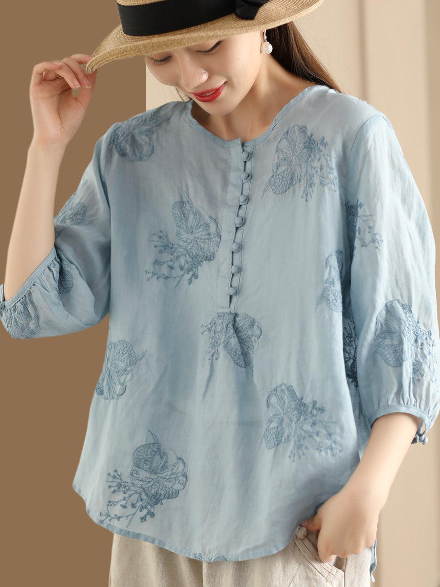 Women Summer Artsy Embroidery Ramie Shirt TY1020