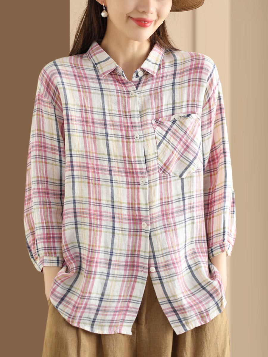 Women Vintage Plaid Summer Ramie Button-up Shirt SC1016