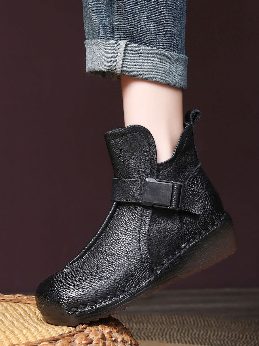 Women Retro Leather Spliced Mid Heel Ankle Boots BA1072