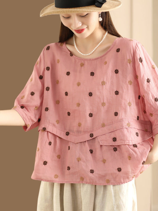 Women Summer Embroidery Spliced Ramie Loose Shirt XX1046