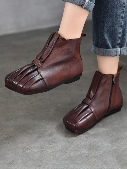 Women Soft Leather Shirred Square Toe Ankle Boots AV1069