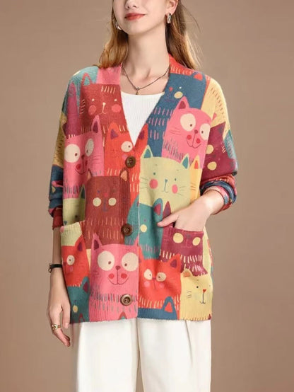 Cardigan tricoté à motif de chat mignon pour femme, pull de printemps PA1005