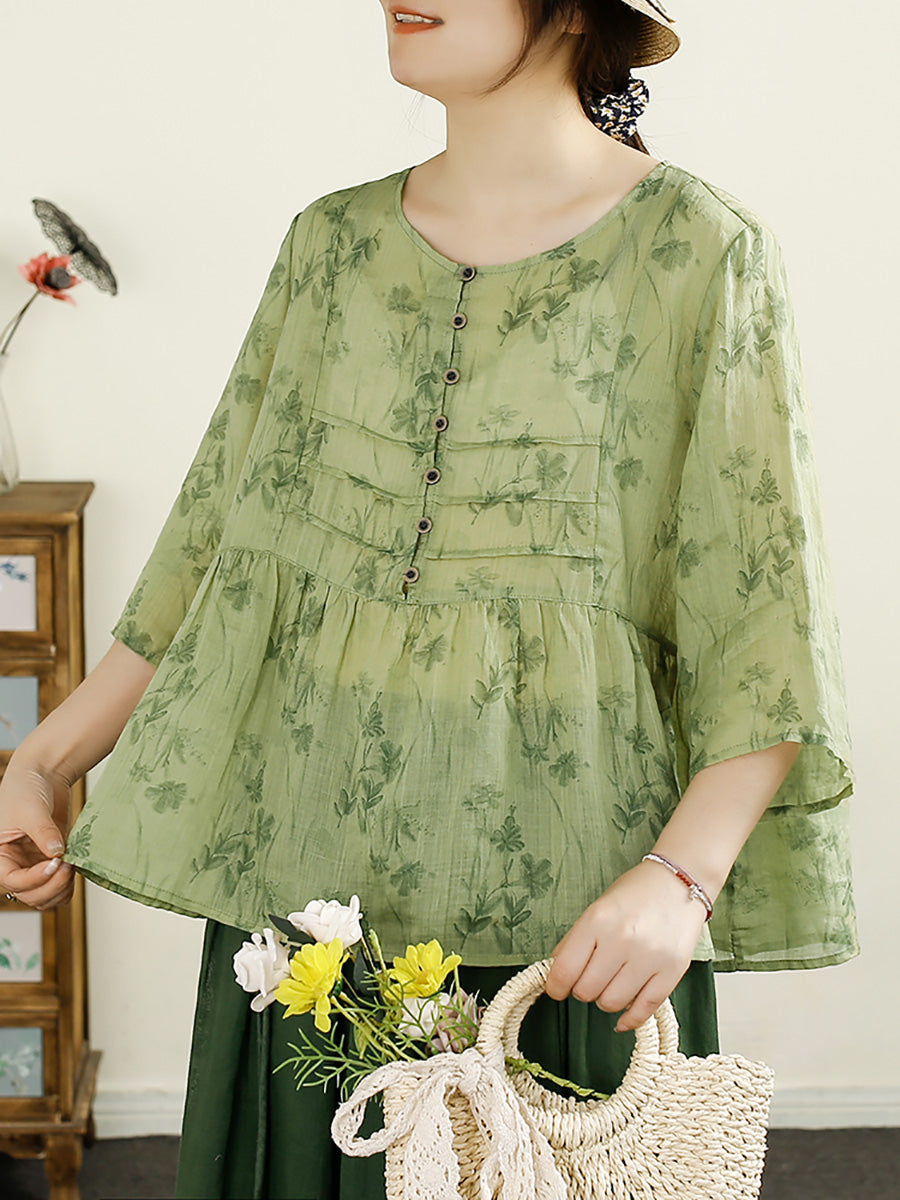 Women Summer Artsy Floral Button Spliced O-Neck Ramie Shirt HH003