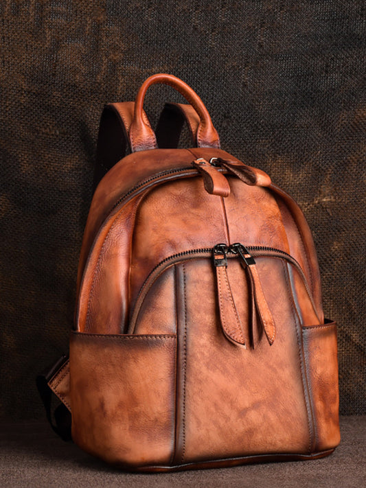 Women Retro Leather Zipper Large Capacity Backpack AH1079