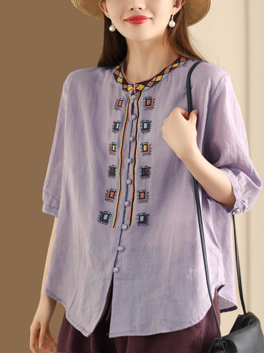 Women Summer Ethnic Embroidery Ramie Shirt BN1039