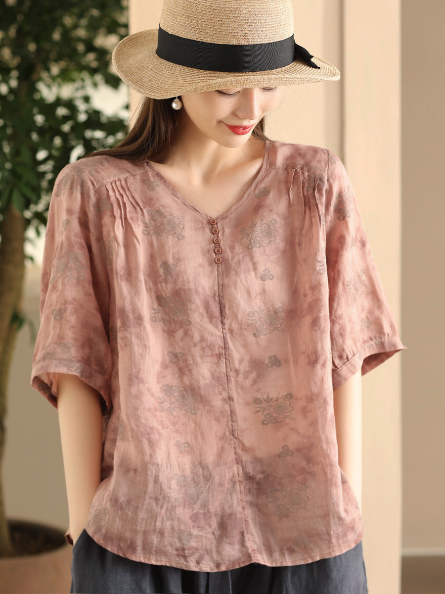 Women Summer Artsy Flower V-Neck Thin Ramie Shirt FD004