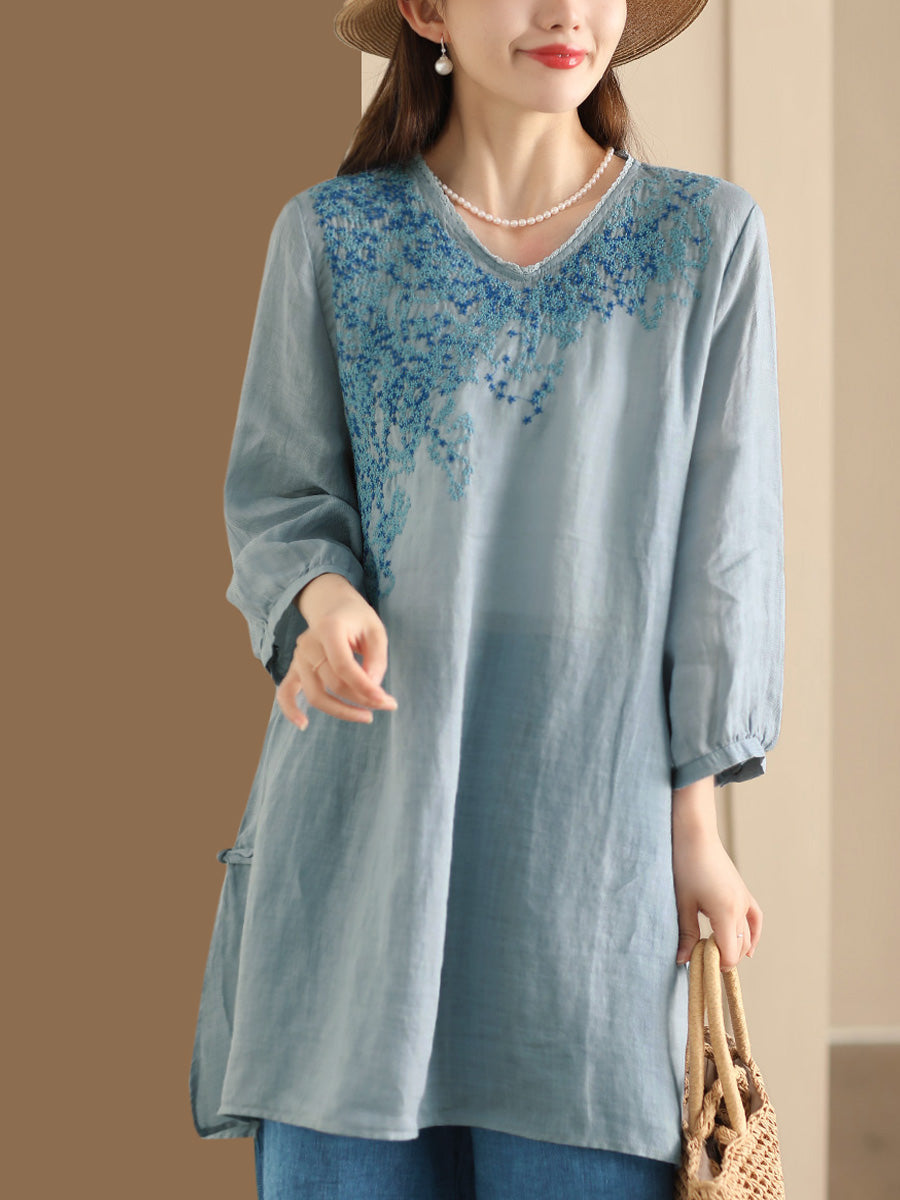 Women Summer Artsy Embroidery Ramie Long Shirt AS1022