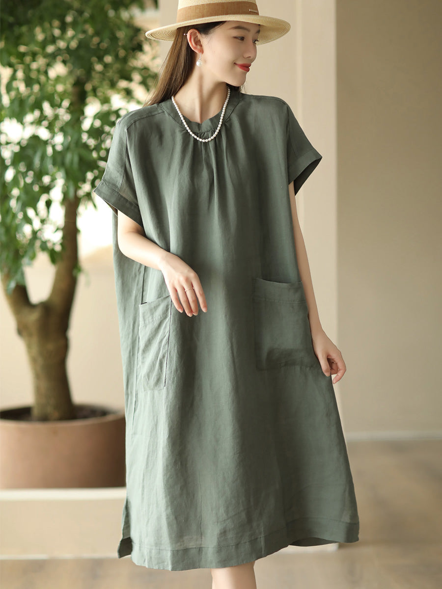 Women Summer Casual Solid Pocket O-Neck Linen Dress FD002