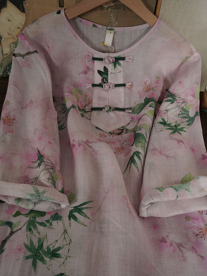 Chemise d'été à boucle en ramie à fleurs ethniques pour femmes PA1015