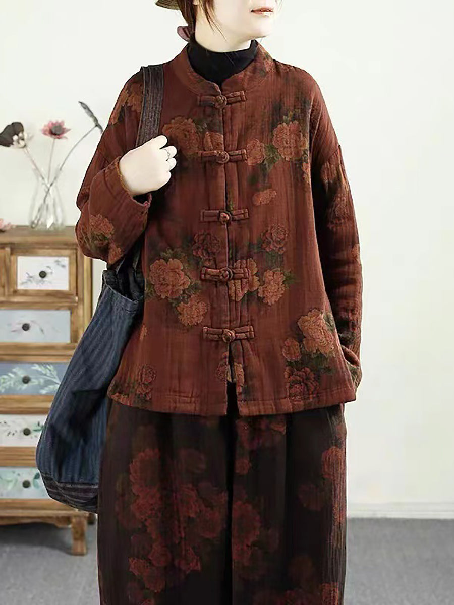 Women Ethnic Autumn Flower Buckle Cotton Stand Collar Coat BA1046