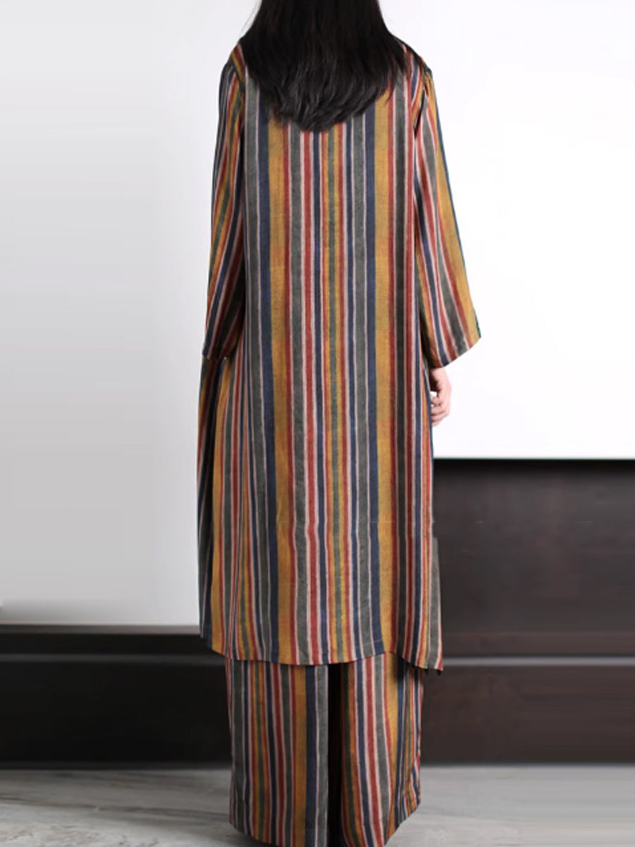 Plus Size Women Vintage Stripe Loose Long Shirt+Pants XX1029