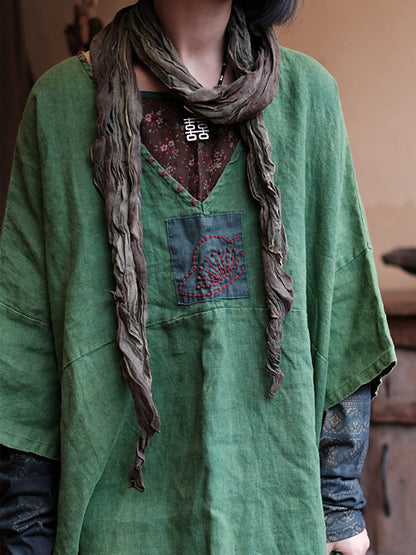 Women Retro Summer Spliced Linen V-Neck Dress AA1033