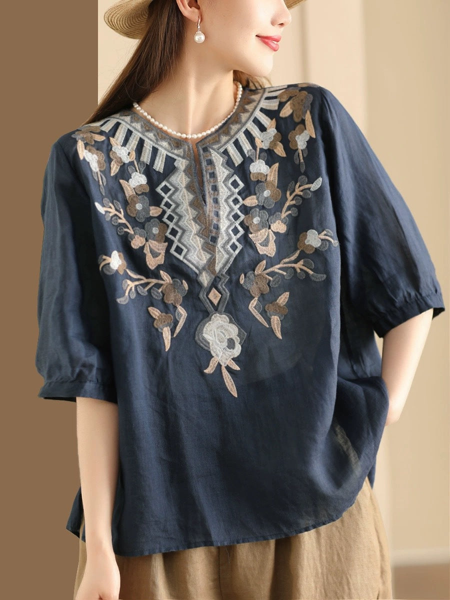 Women Summer Ethnic Flower Embroidery Ramie Shirt TY1006