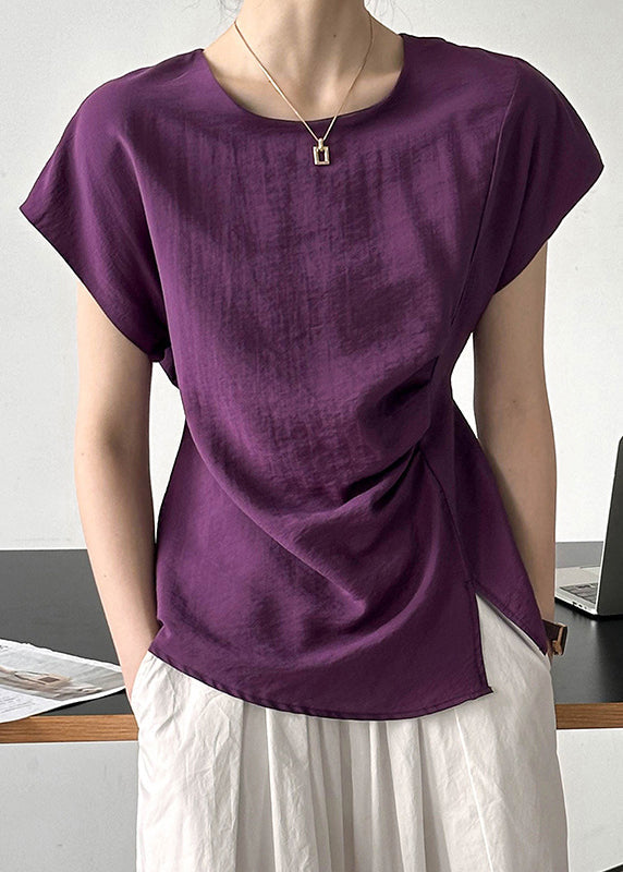 Simple Purple O Neck Front Open CottonTops Short Sleeve AF1086