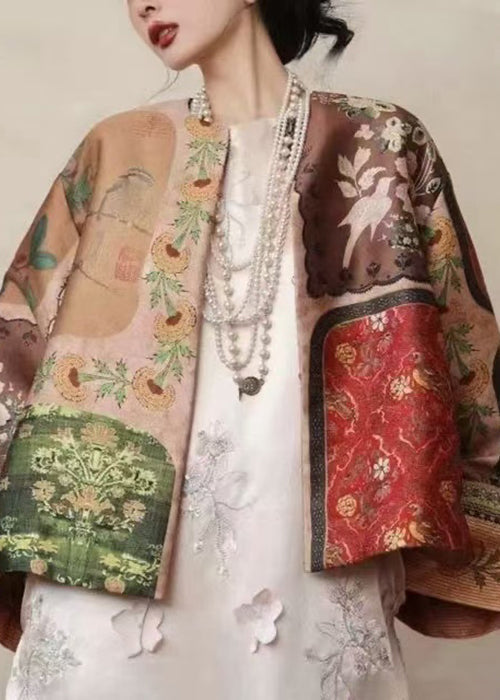 Gelber Seidenmantel im chinesischen Stil mit O-Ausschnitt und Print, Frühling TW026