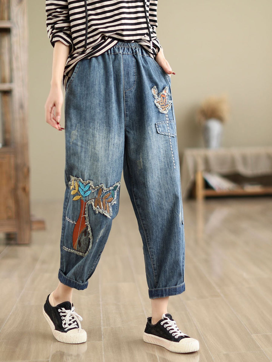 Damen Sommer Patch Gespleißte Denim Haremshose CV1044