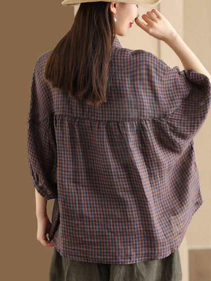 Chemise boutonnée en lin à carreaux vintage pour femme PP1034