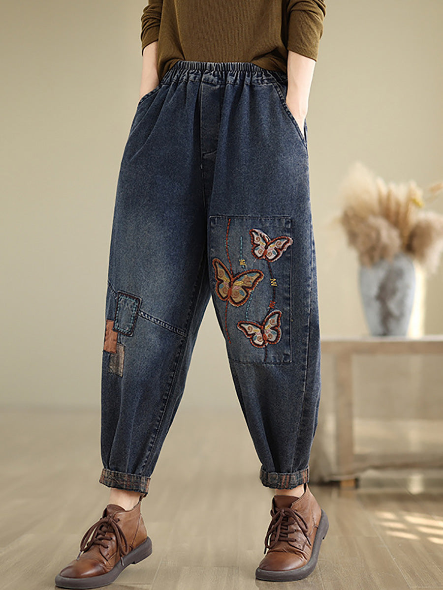 Women Autumn Artsy Butterfly Embroidery Denim Harem Pants AI1078