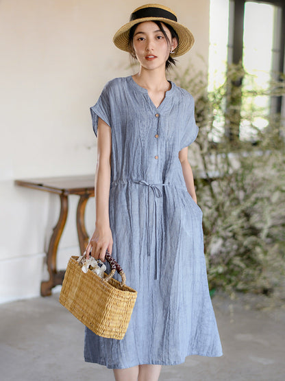 Robe d'été vintage en lin à bretelles solides pour femmes OO1011