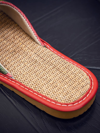 Chaussons plats d'intérieur à imprimé floral en lin pour couple d'été CC008