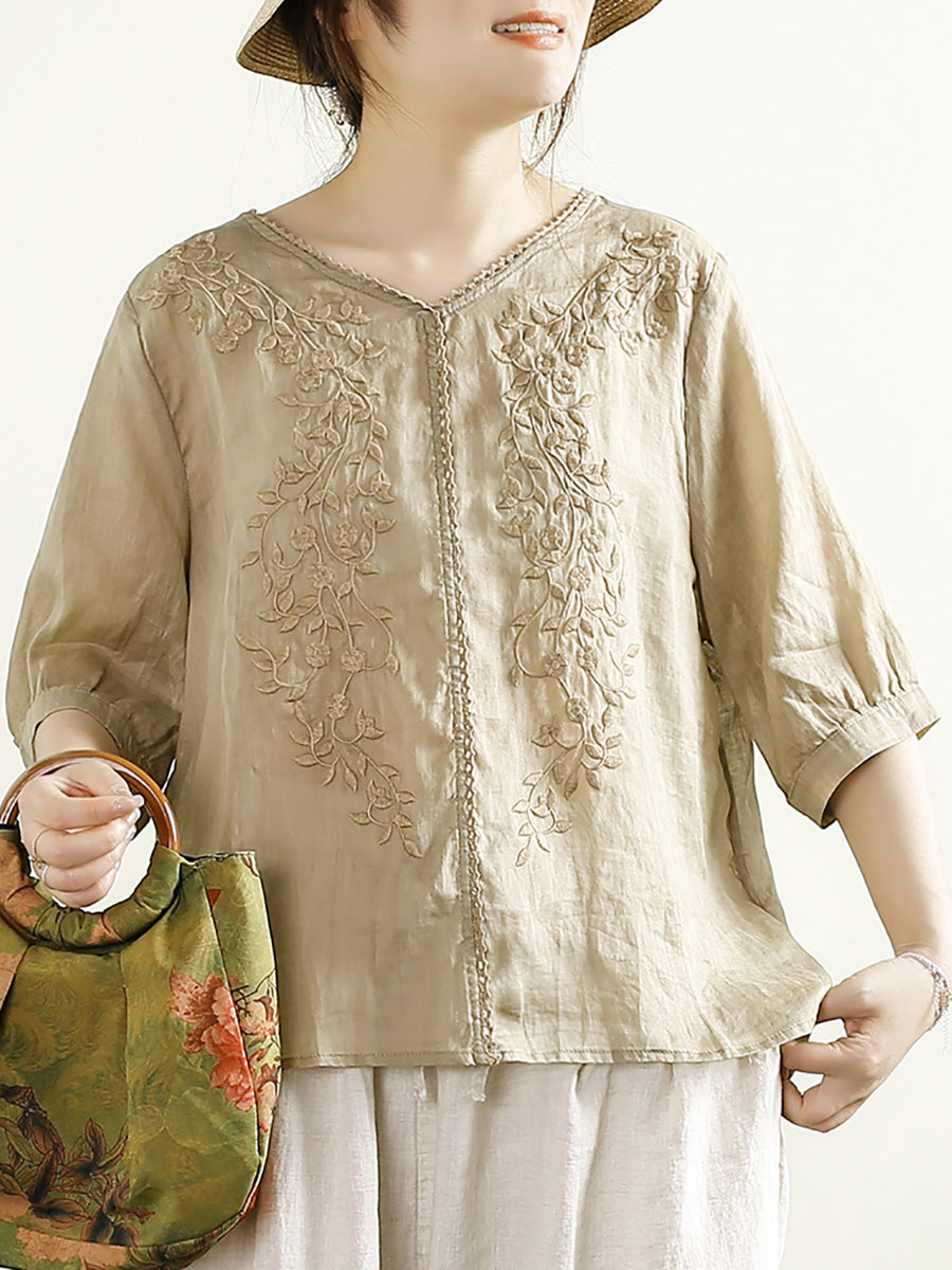 Women Summer Artsy Embroidery V-Neck Ramie Shirt PP1020