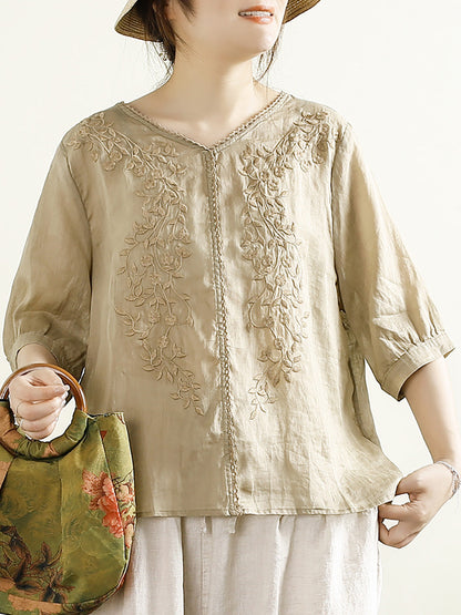 Chemise d'été en ramie à col en V et broderie artistique pour femme PP1020