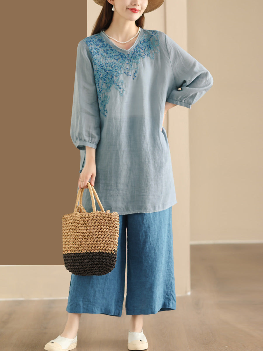 Women Summer Artsy Embroidery Ramie Long Shirt AS1022