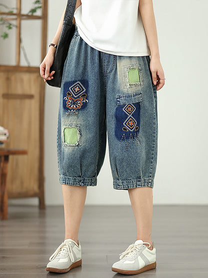 Pantalon en denim à fleurs rétro brodé pour femme, patchwork 