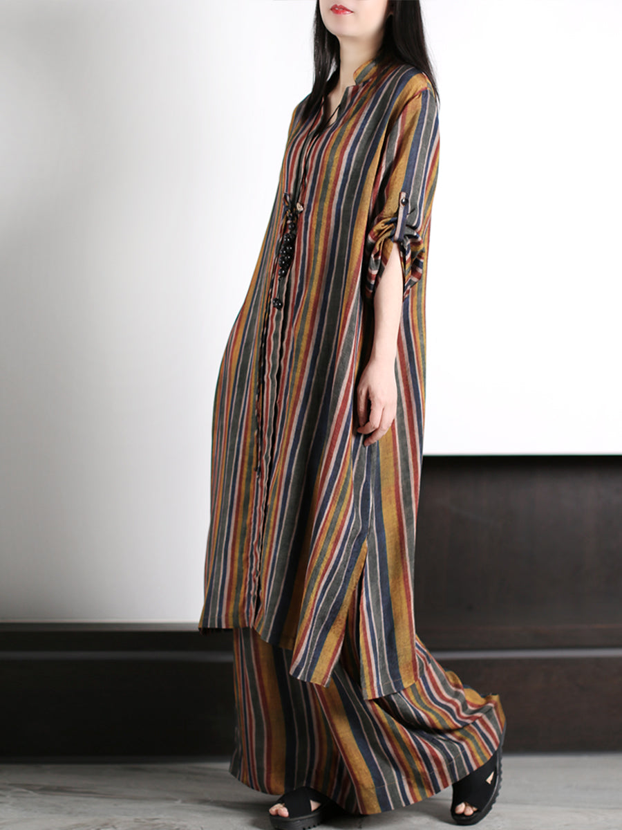 Plus Size Women Vintage Stripe Loose Long Shirt+Pants XX1029