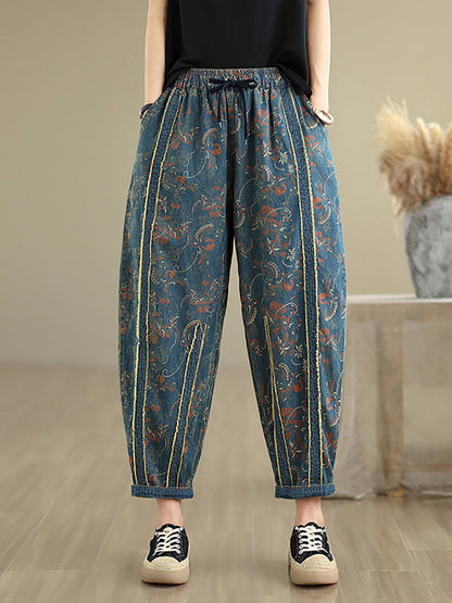 Pantalon en denim patchwork sarouel femme rétro fleuri 