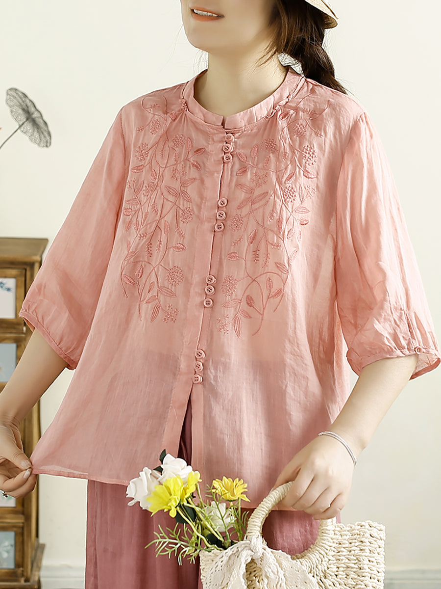 Women Summer Artsy Embroidery Button Ramie Shirt II1043